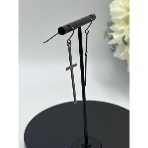 Sterling Silver 925 Thin Long Cross Dangle Earrings - Picture 8 of 8